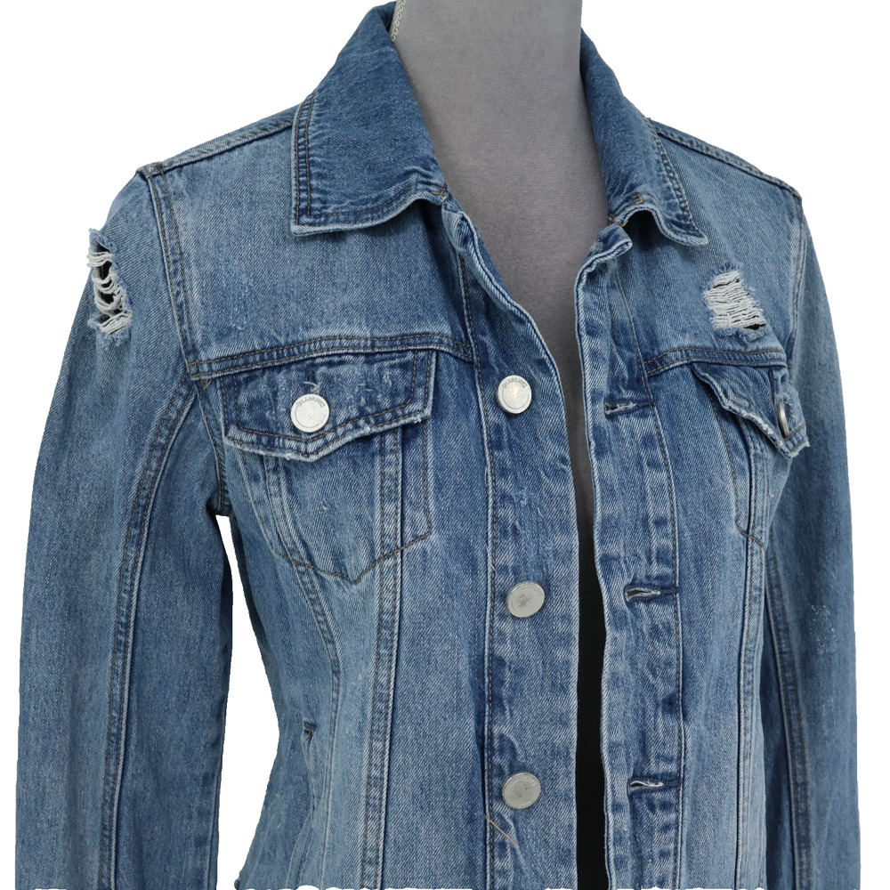 Blank NYC Jean Jacket Womens XS Blue Cotton Denim Raw Hem Distressed FLAW - Picture 7 of 16